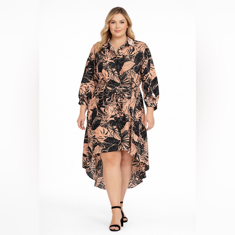 Moon Orchid XL Women’s Black and Pale Pink Tropical Shirt Dress